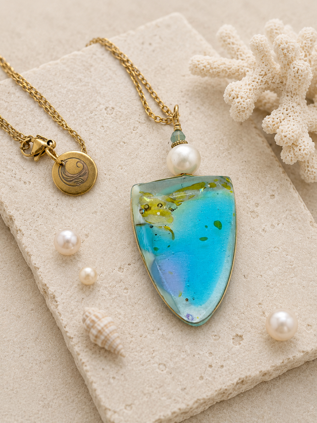 Pearl Tide Coastal Glass Pendant Necklace