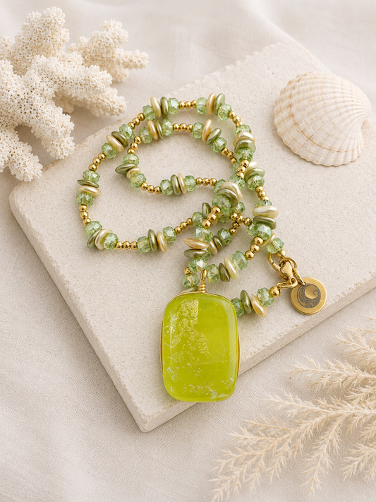 Lime Tide Fused Glass Pendant Necklace