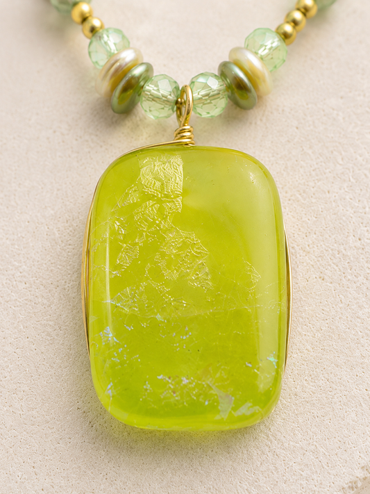Lime Tide Fused Glass Pendant Necklace