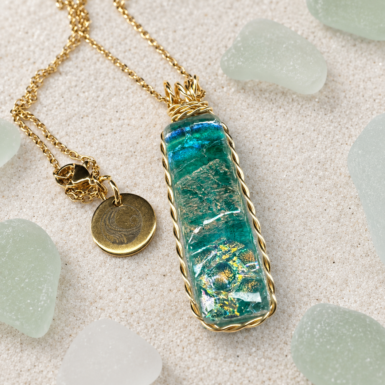 Seafoam Tide Fused Glass Pendant Necklace