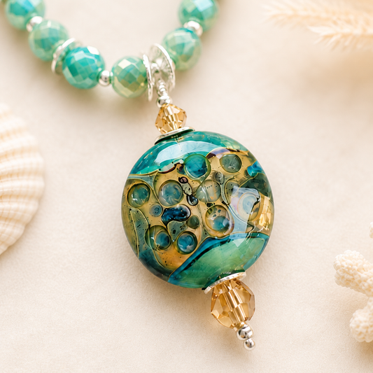 Ocean Tides One-of-a-Kind Lampwork Necklace – 18” Coastal Aqua