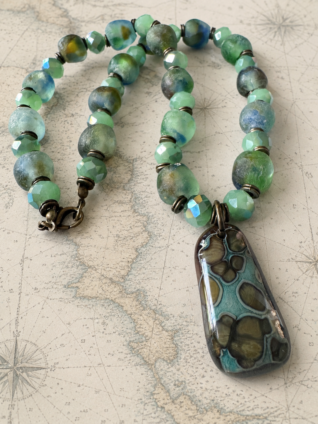 Moss and Sea Roman Glass Necklace
